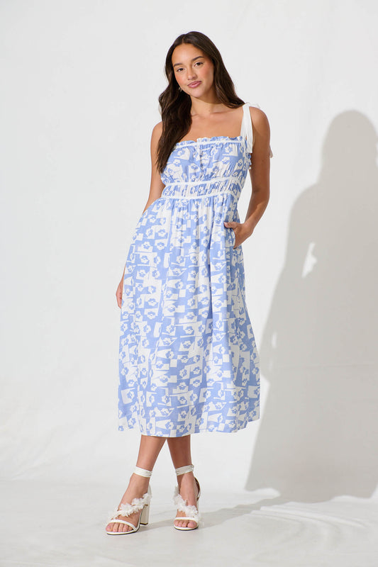 Cataleya Midi Sundress In White And Blue Linen Blend