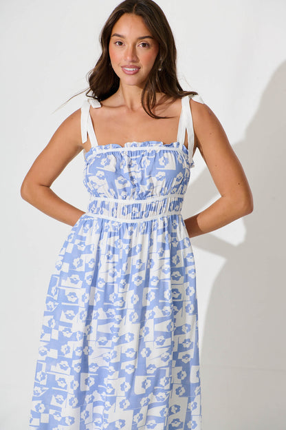 Cataleya Midi Sundress In White And Blue Linen Blend
