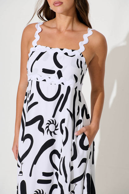 Aquila Maxi Sundress In White Print With Ric Rac Trim