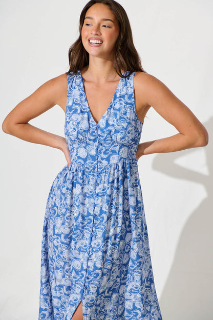 Ryland Midi Dress in Blue Paisley Print