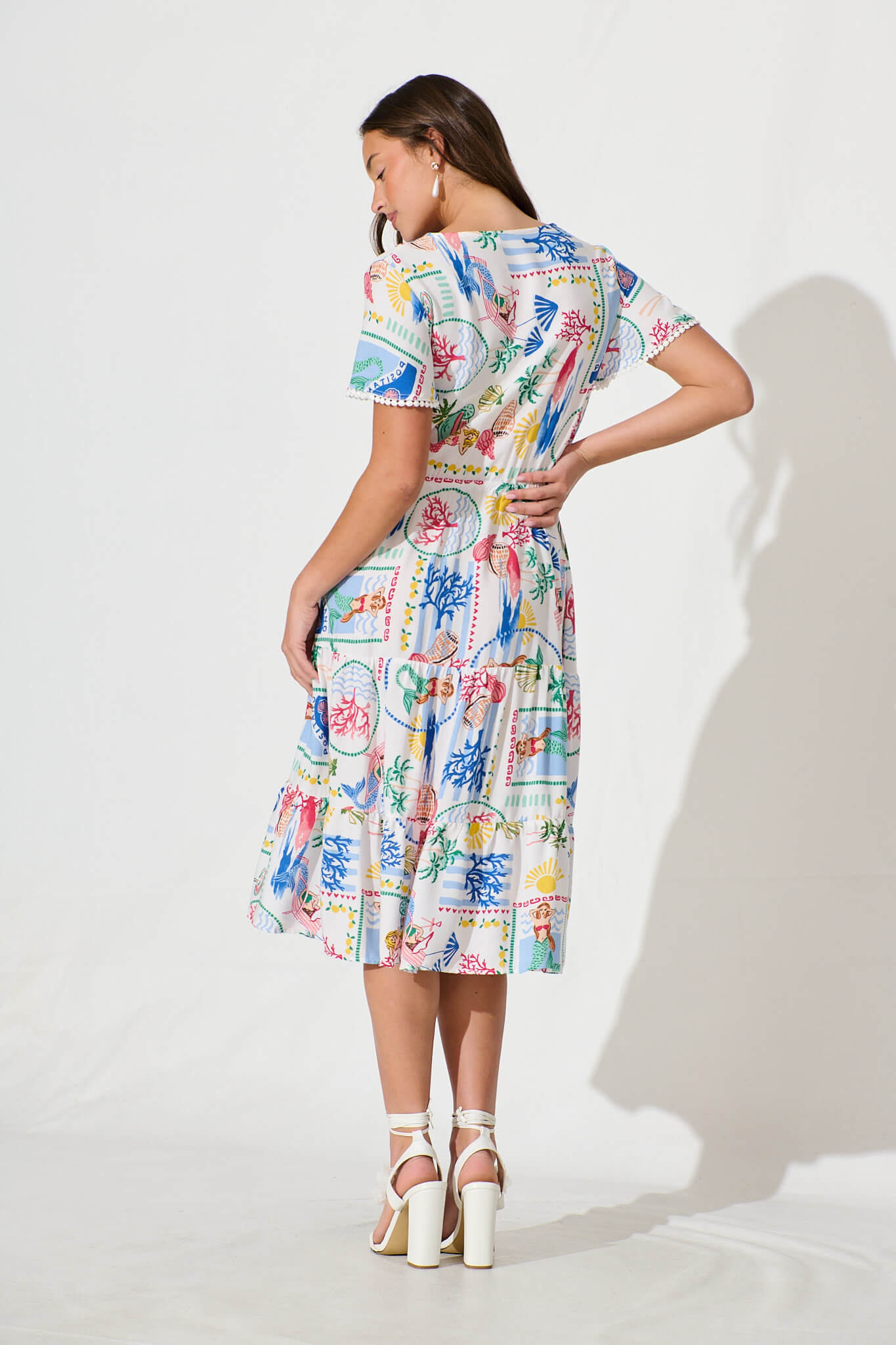 Caspia Midi Dress in White Multi Summer with Ric Rac Trim