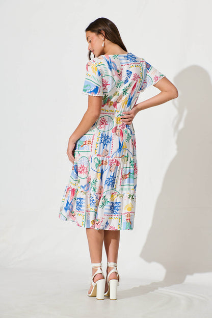 Caspia Midi Dress in White Multi Summer with Ric Rac Trim