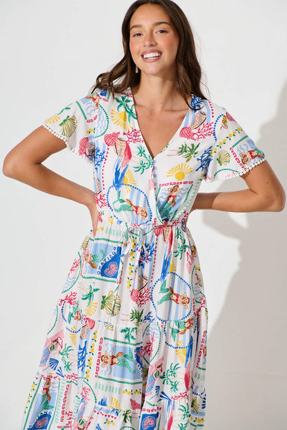 Caspia Midi Dress in White Multi Summer with Ric Rac Trim