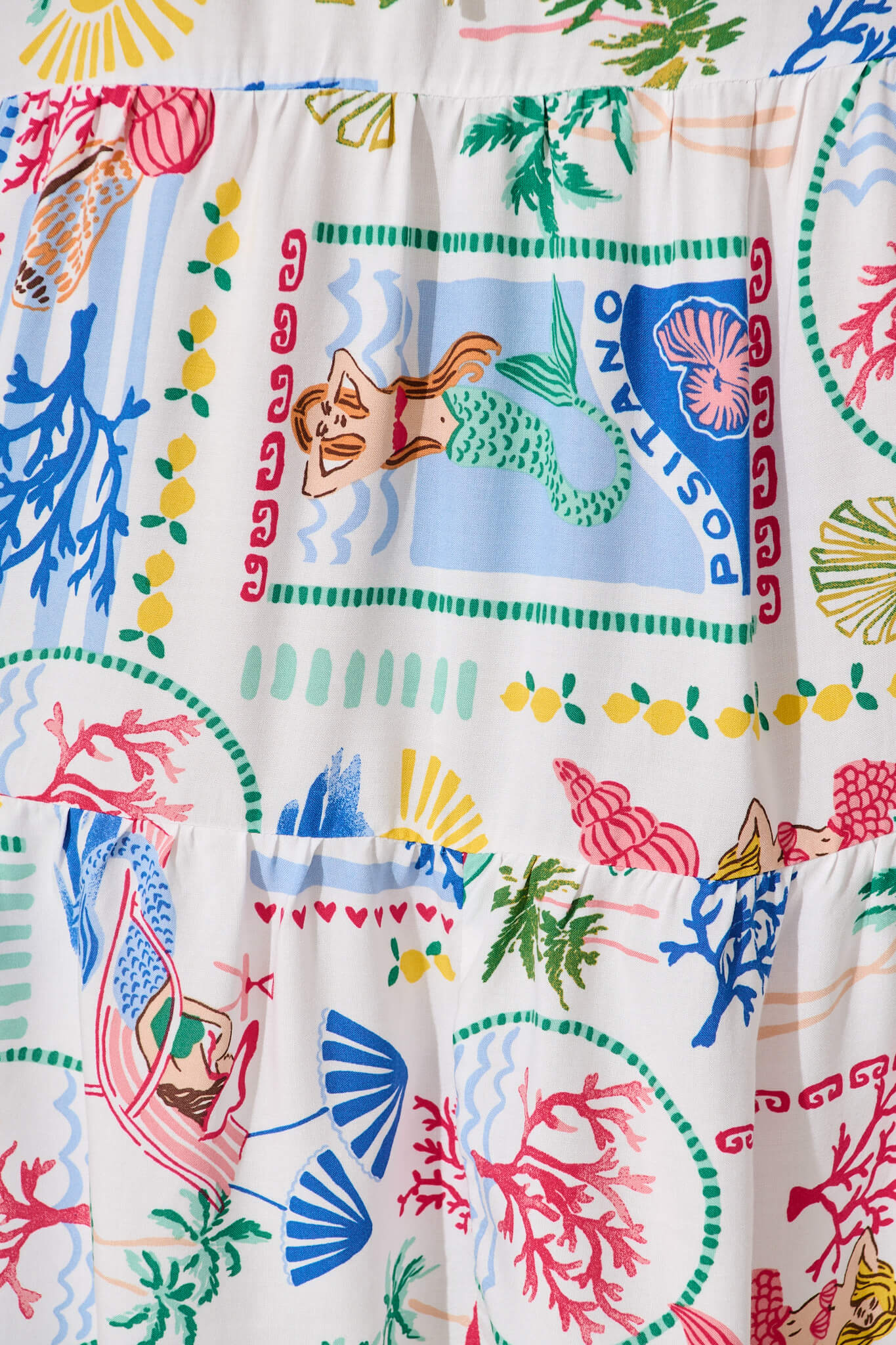 Caspia Midi Dress in White Multi Summer with Ric Rac Trim