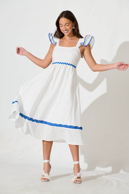 Miami Midi Dress In White With Blue Ric Rac Cotton