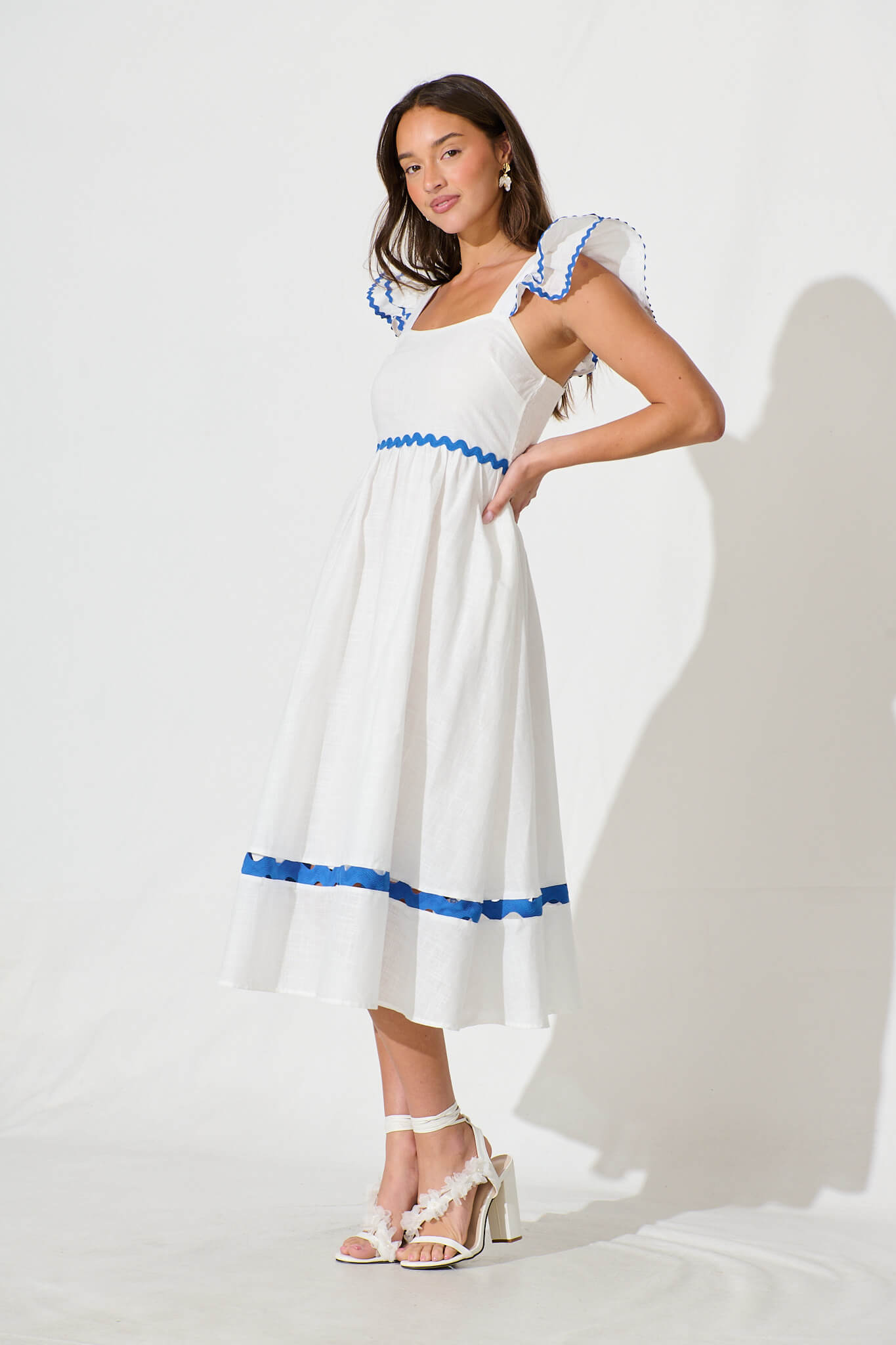 Miami Midi Dress In White With Blue Ric Rac Cotton