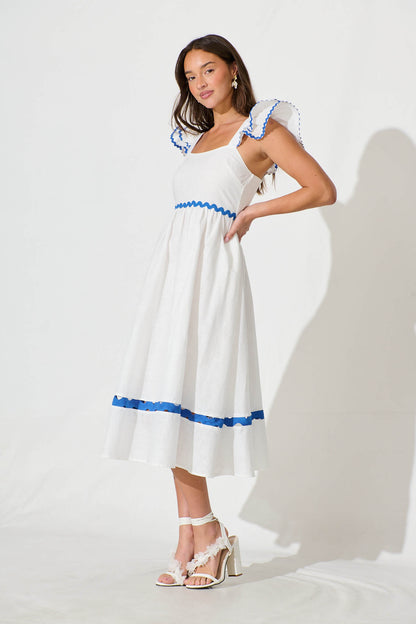 Miami Midi Dress In White With Blue Ric Rac Cotton