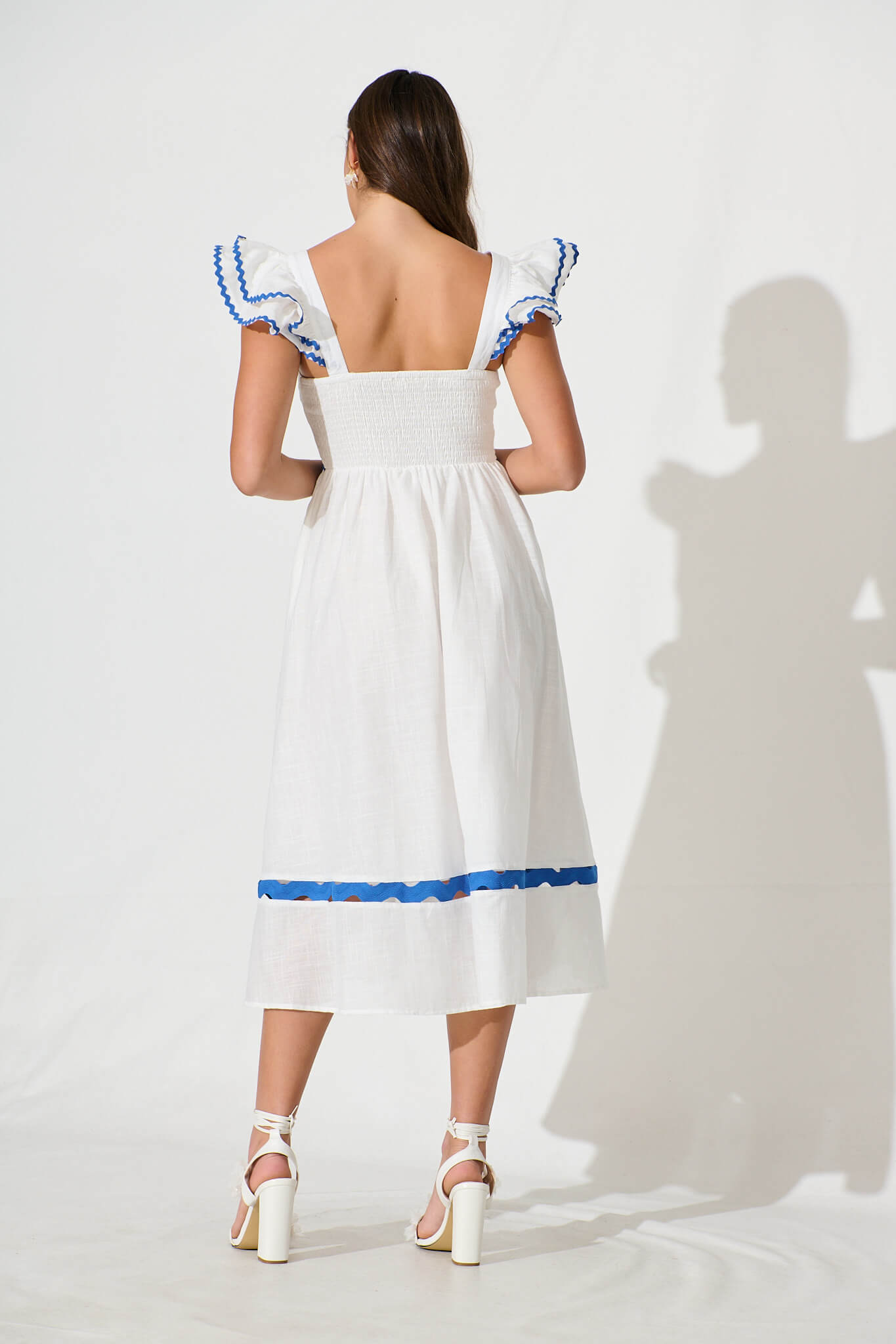 Miami Midi Dress In White With Blue Ric Rac Cotton