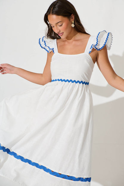 Miami Midi Dress In White With Blue Ric Rac Cotton