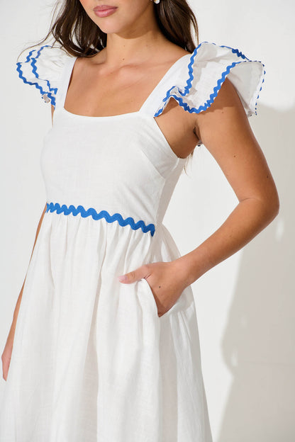 Miami Midi Dress In White With Blue Ric Rac Cotton