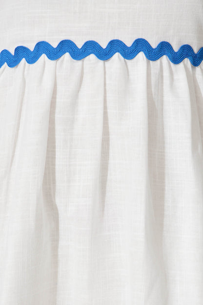 Miami Midi Dress In White With Blue Ric Rac Cotton