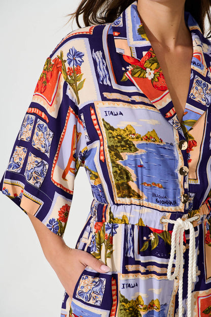 Maui Playsuit In Blue Multi Postcard Print