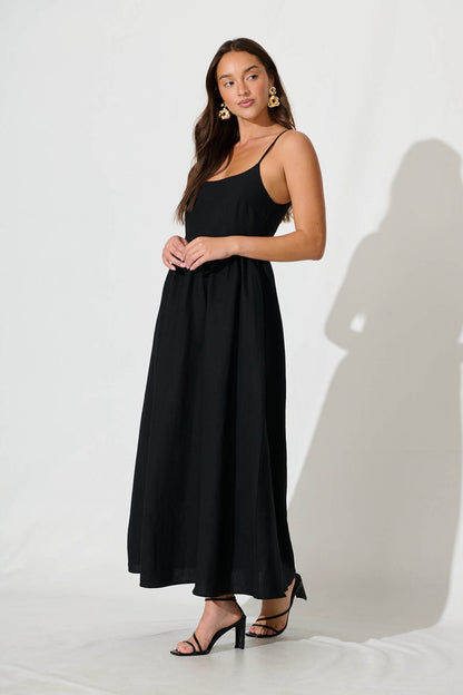 Quinley Maxi Sundress in Black Linen Blend