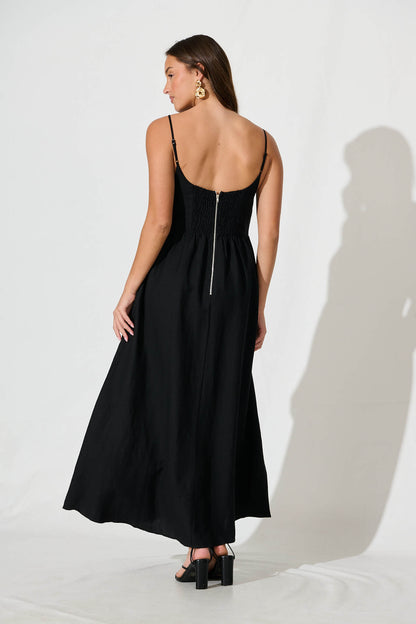 Quinley Maxi Sundress in Black Linen Blend