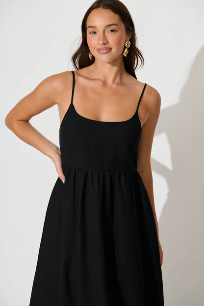 Quinley Maxi Sundress in Black Linen Blend