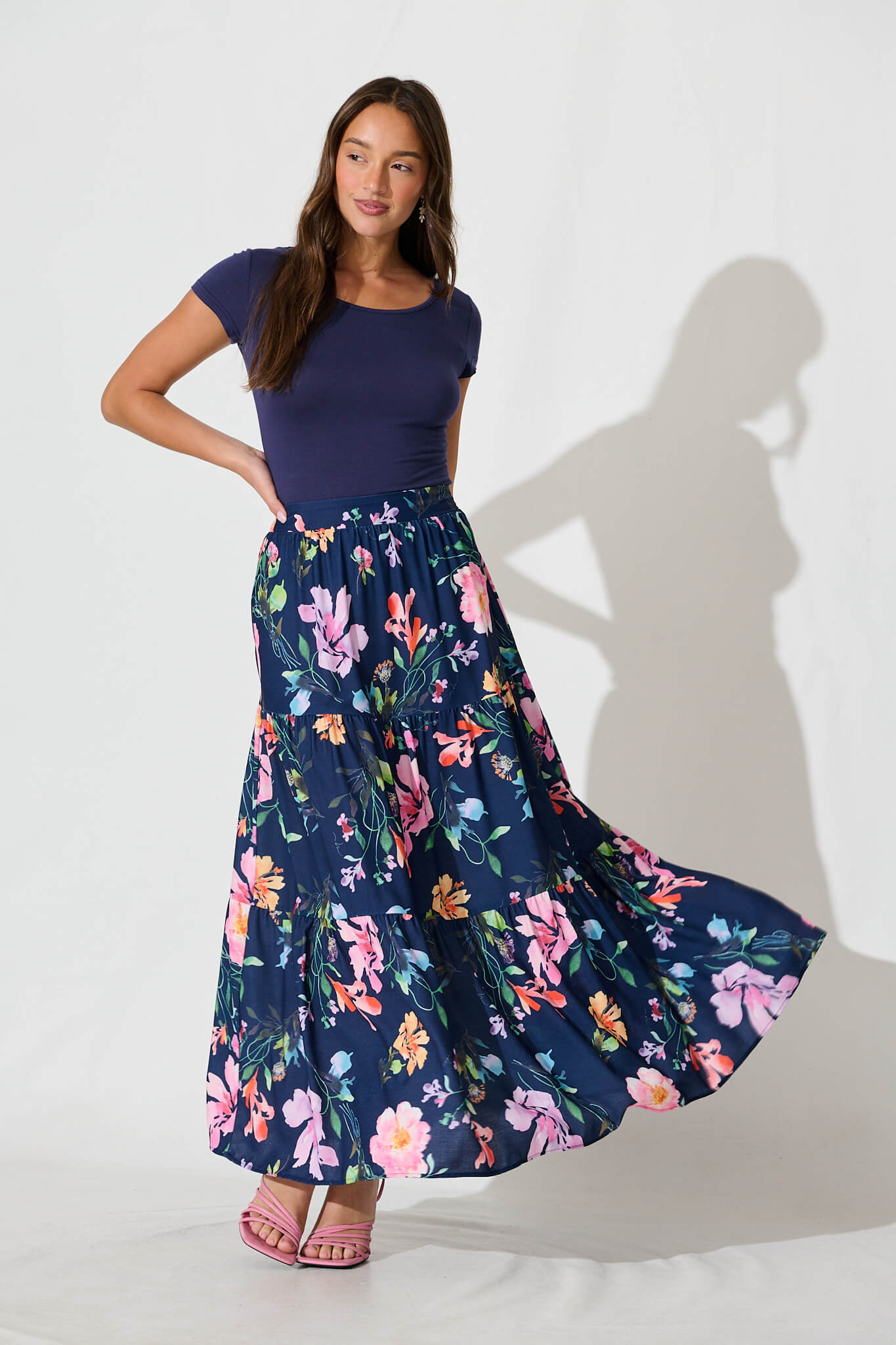 Newmoon Maxi Skirt In Navy With Multi Floral Print