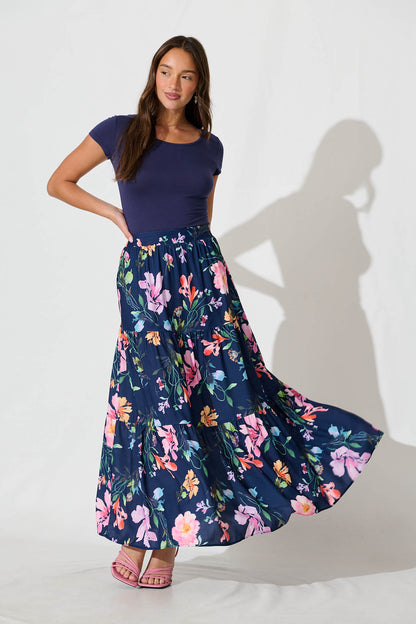 Newmoon Maxi Skirt In Navy With Multi Floral Print