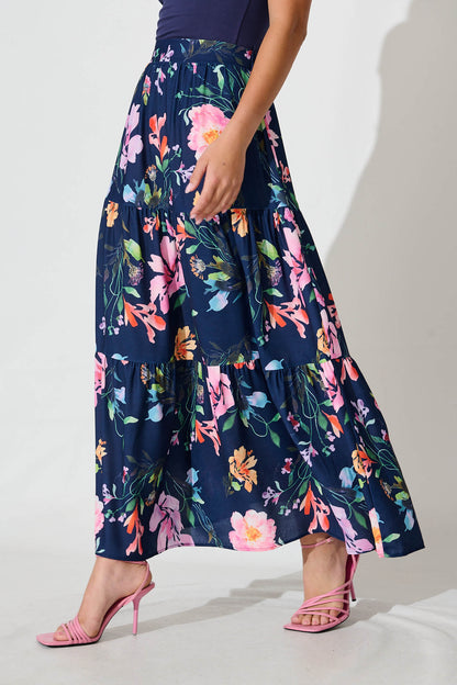 Newmoon Maxi Skirt In Navy With Multi Floral Print