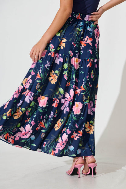 Newmoon Maxi Skirt In Navy With Multi Floral Print