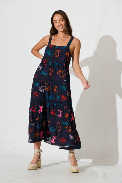 Jolie Maxi Sundress in Navy Print With Black Ric Rac Trim