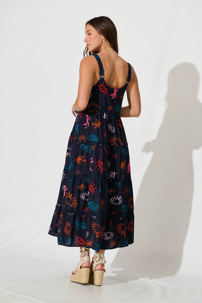 Jolie Maxi Sundress in Navy Print With Black Ric Rac Trim