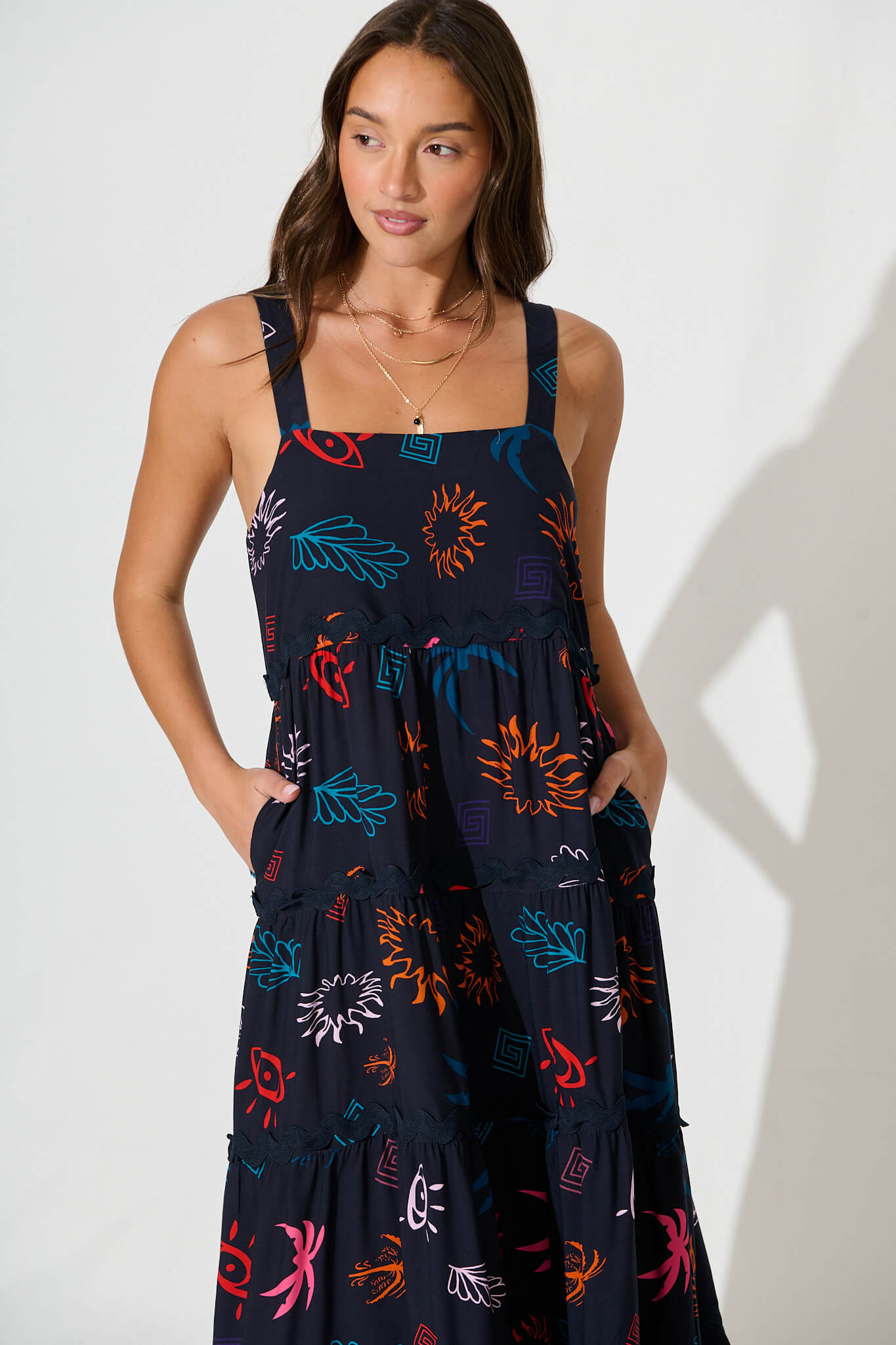 Jolie Maxi Sundress in Navy Print With Black Ric Rac Trim