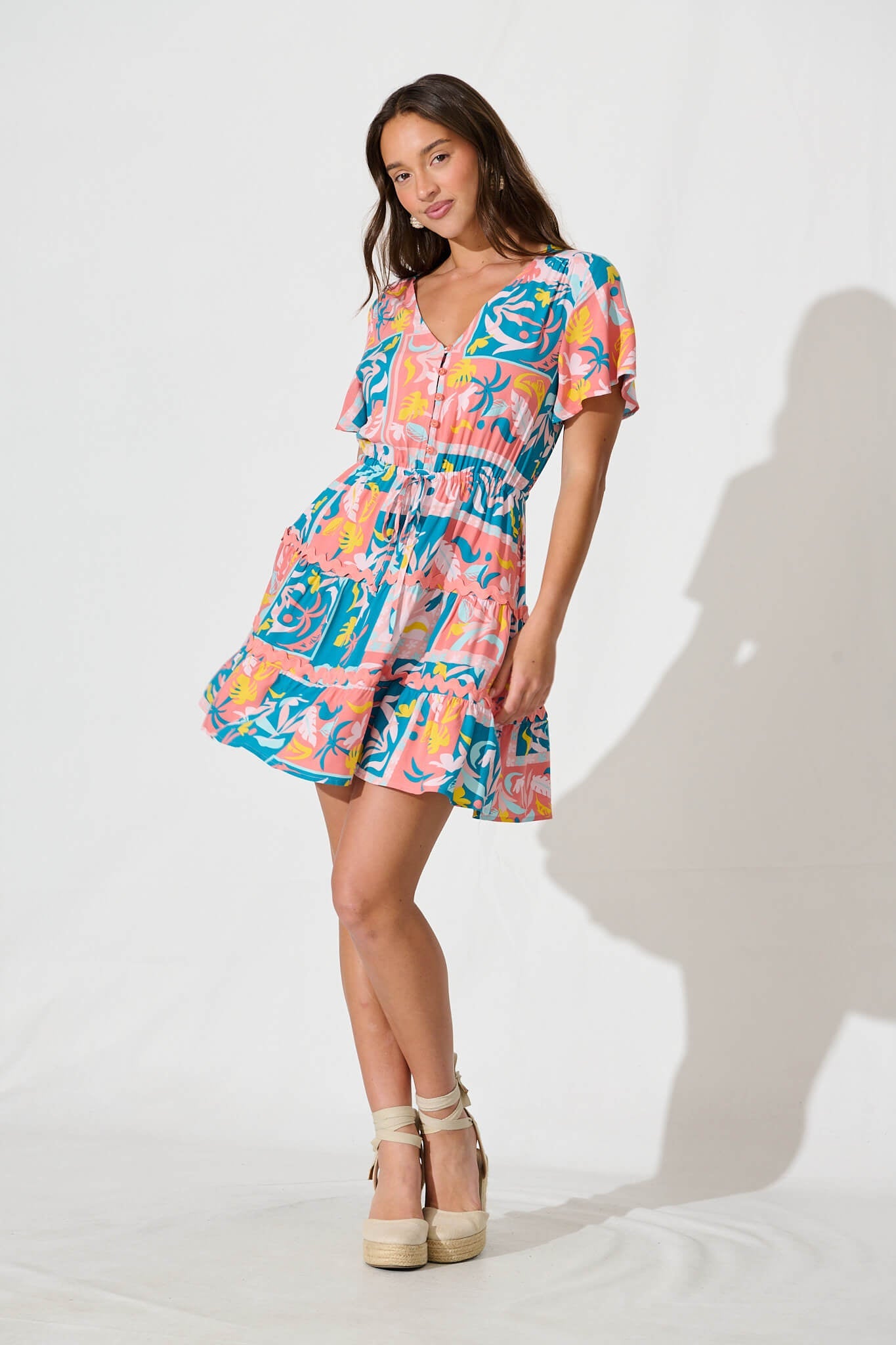 Rimini Dress In Blue Multi Print With Pink Ric Rac Trim