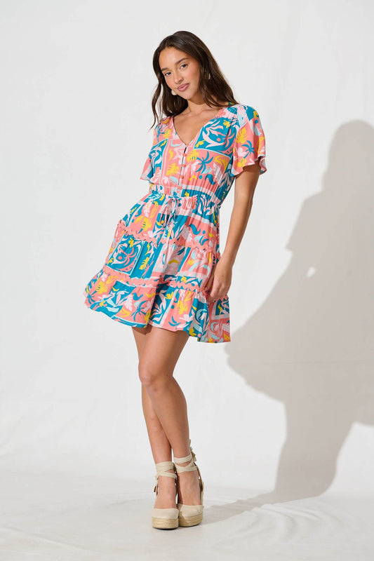 Rimini Dress In Blue Multi Print With Pink Ric Rac Trim