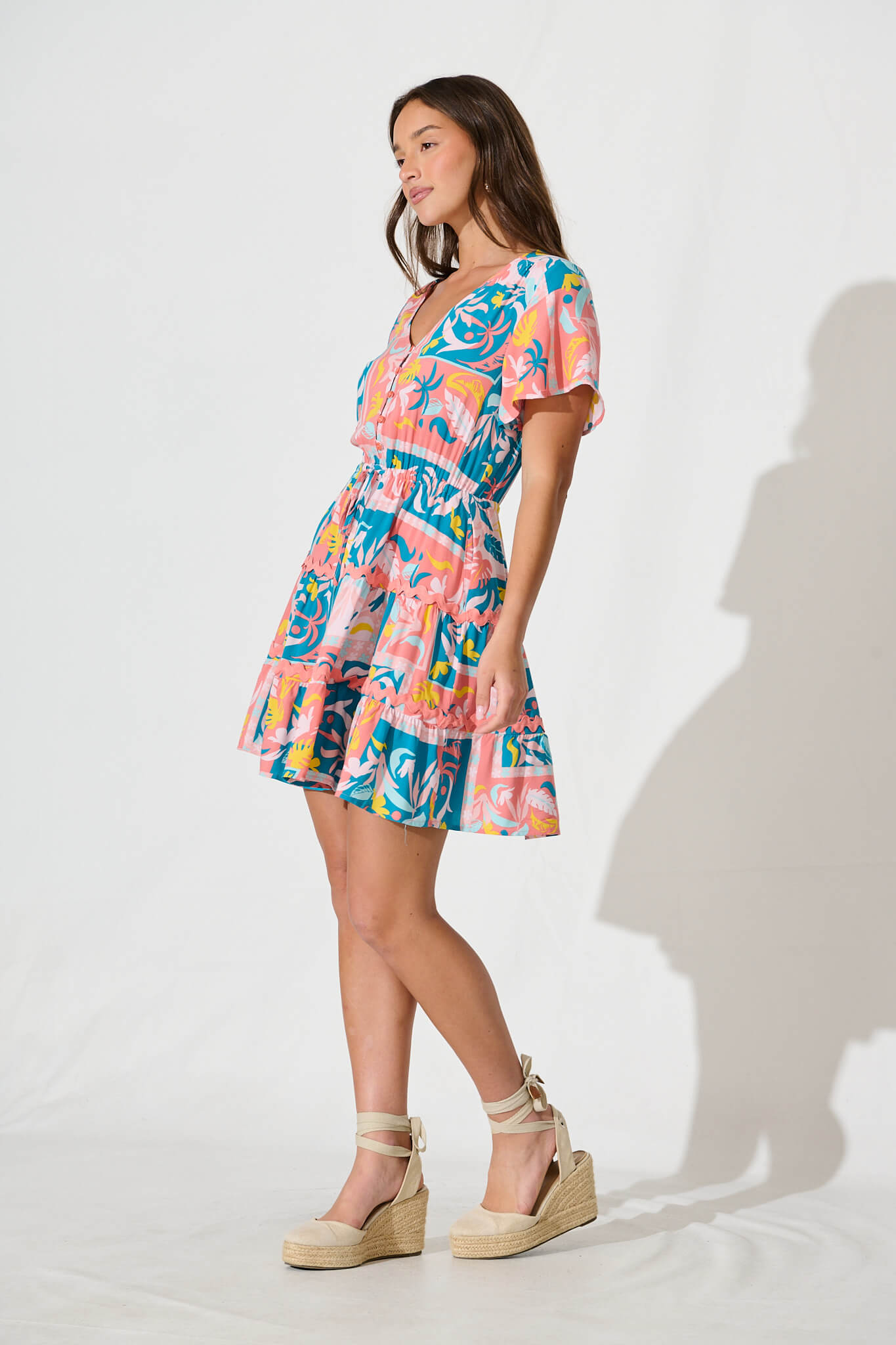 Rimini Dress In Blue Multi Print With Pink Ric Rac Trim