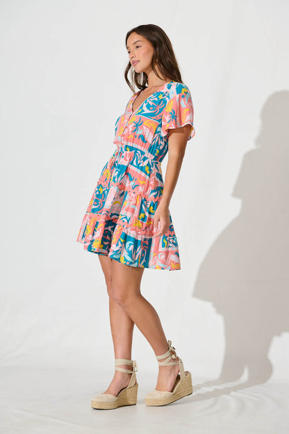 Rimini Dress In Blue Multi Print With Pink Ric Rac Trim