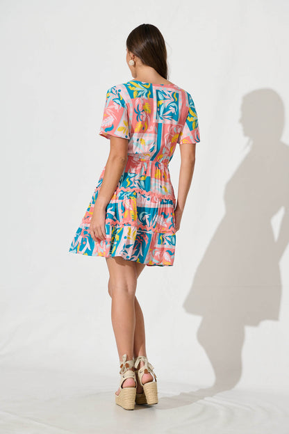 Rimini Dress In Blue Multi Print With Pink Ric Rac Trim