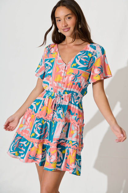 Rimini Dress In Blue Multi Print With Pink Ric Rac Trim