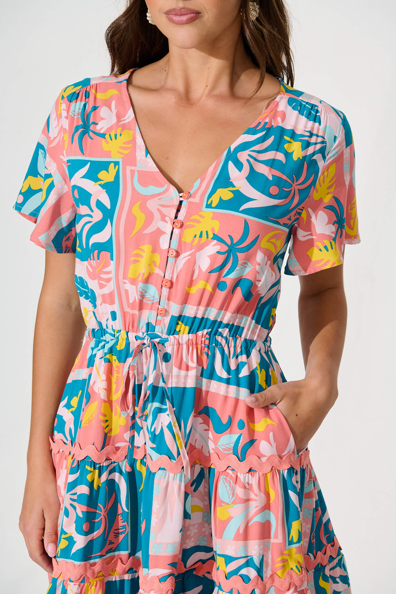 Rimini Dress In Blue Multi Print With Pink Ric Rac Trim