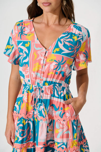 Rimini Dress In Blue Multi Print With Pink Ric Rac Trim