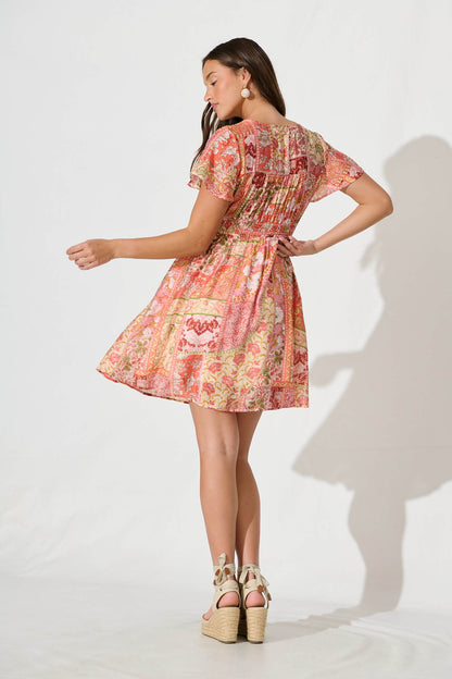 Josette Dress In Tangerine With Patchwork Floral