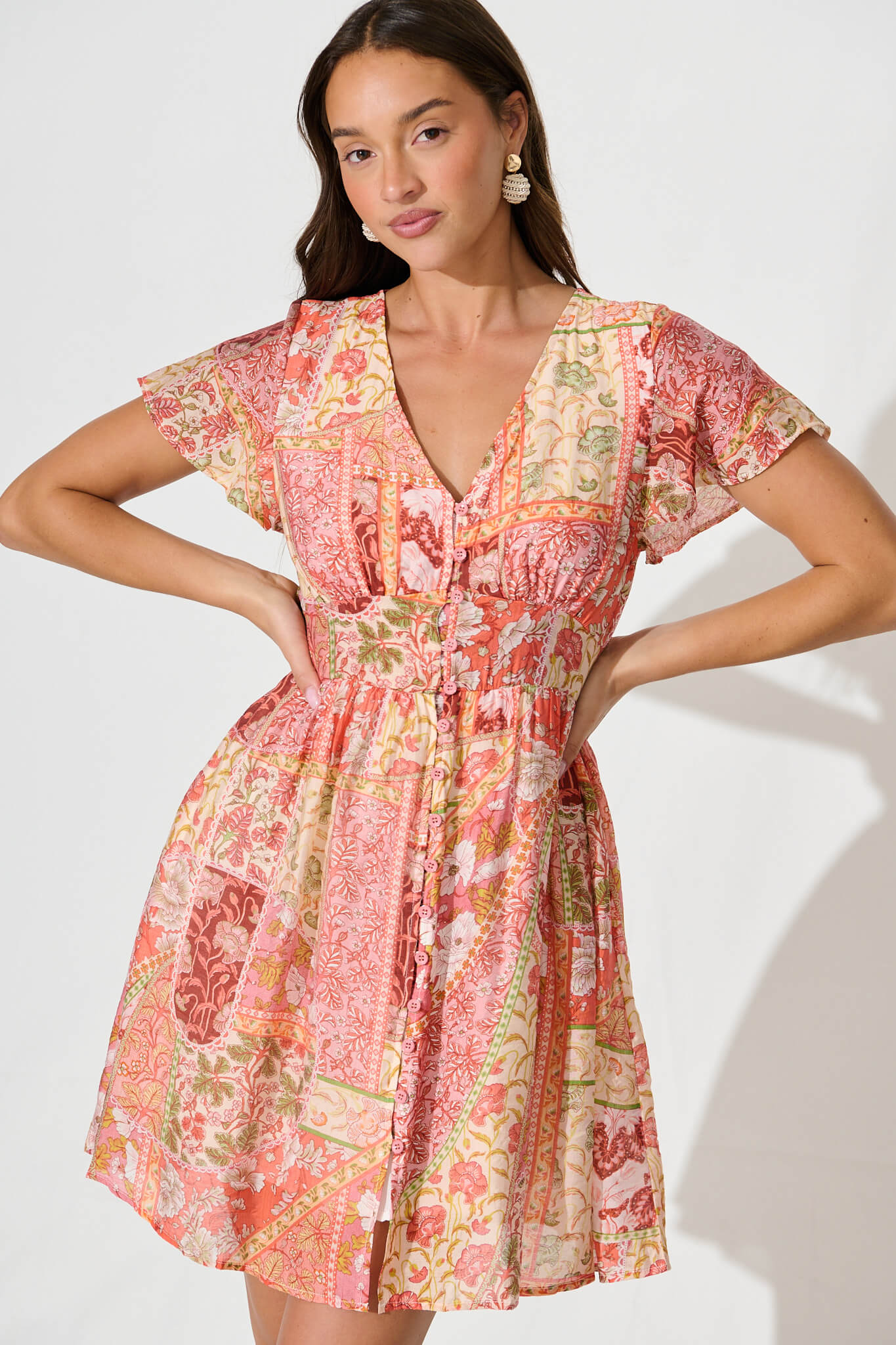 Josette Dress In Tangerine With Patchwork Floral