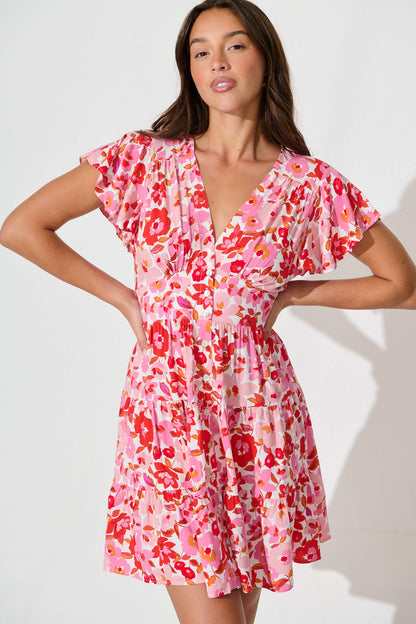 Lovina Dress in Pink Red Floral