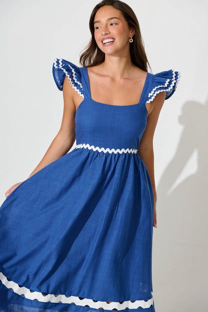 Miami Midi Dress In Blue With White Ric Rac Cotton