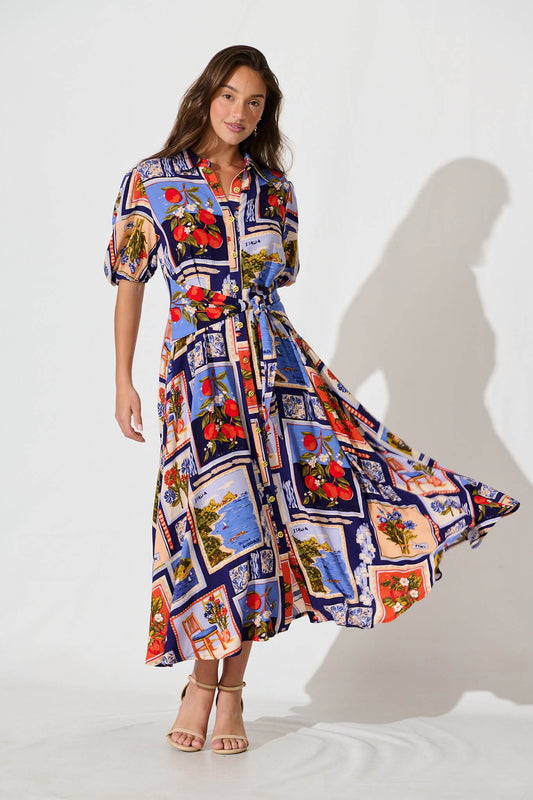 Bella Maxi Shirt Dress In Blue Multi Postcard Print