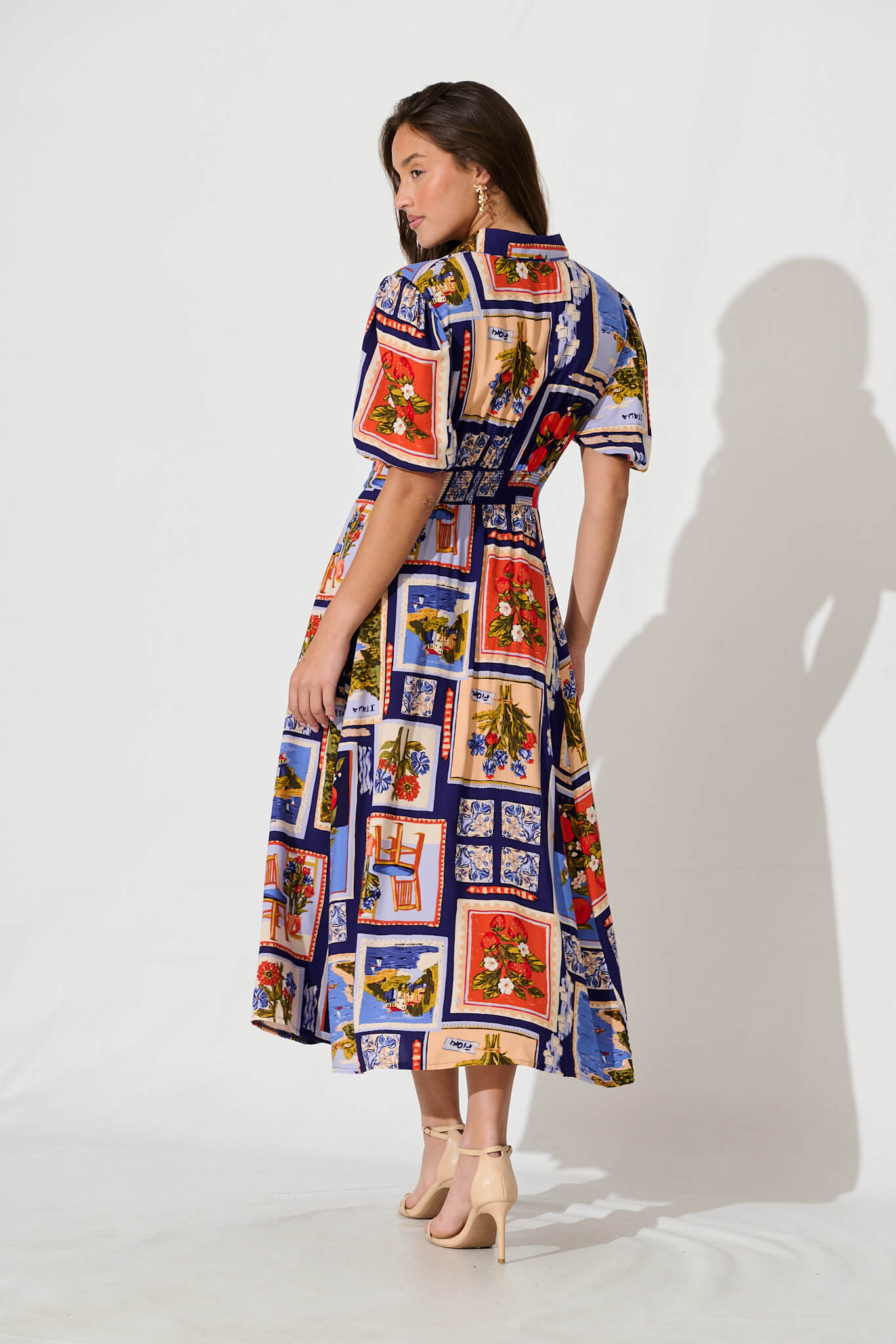 Bella Maxi Shirt Dress In Blue Multi Postcard Print