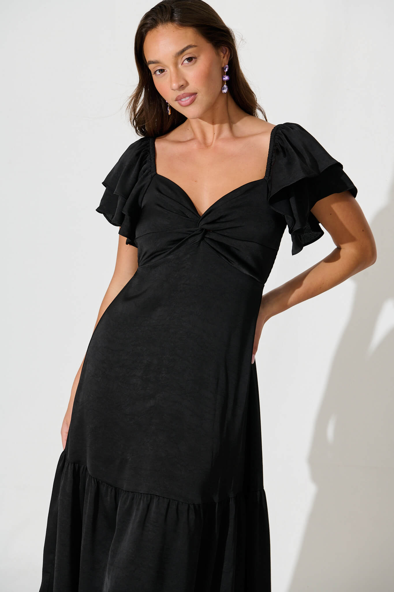 Constantine Maxi Dress In Black Crinkle Satin