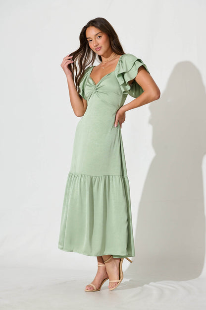Constantine Maxi Dress In Pale Green Crinkle Satin