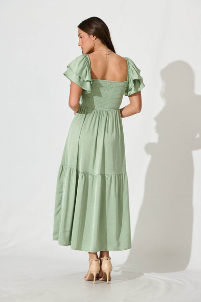 Constantine Maxi Dress In Pale Green Crinkle Satin