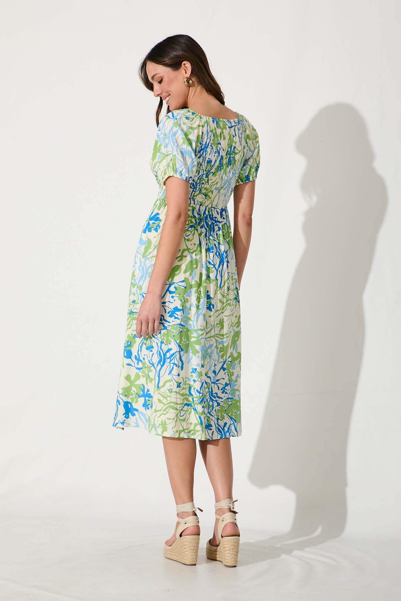 Perry Midi Dress In Blue With Green Print
