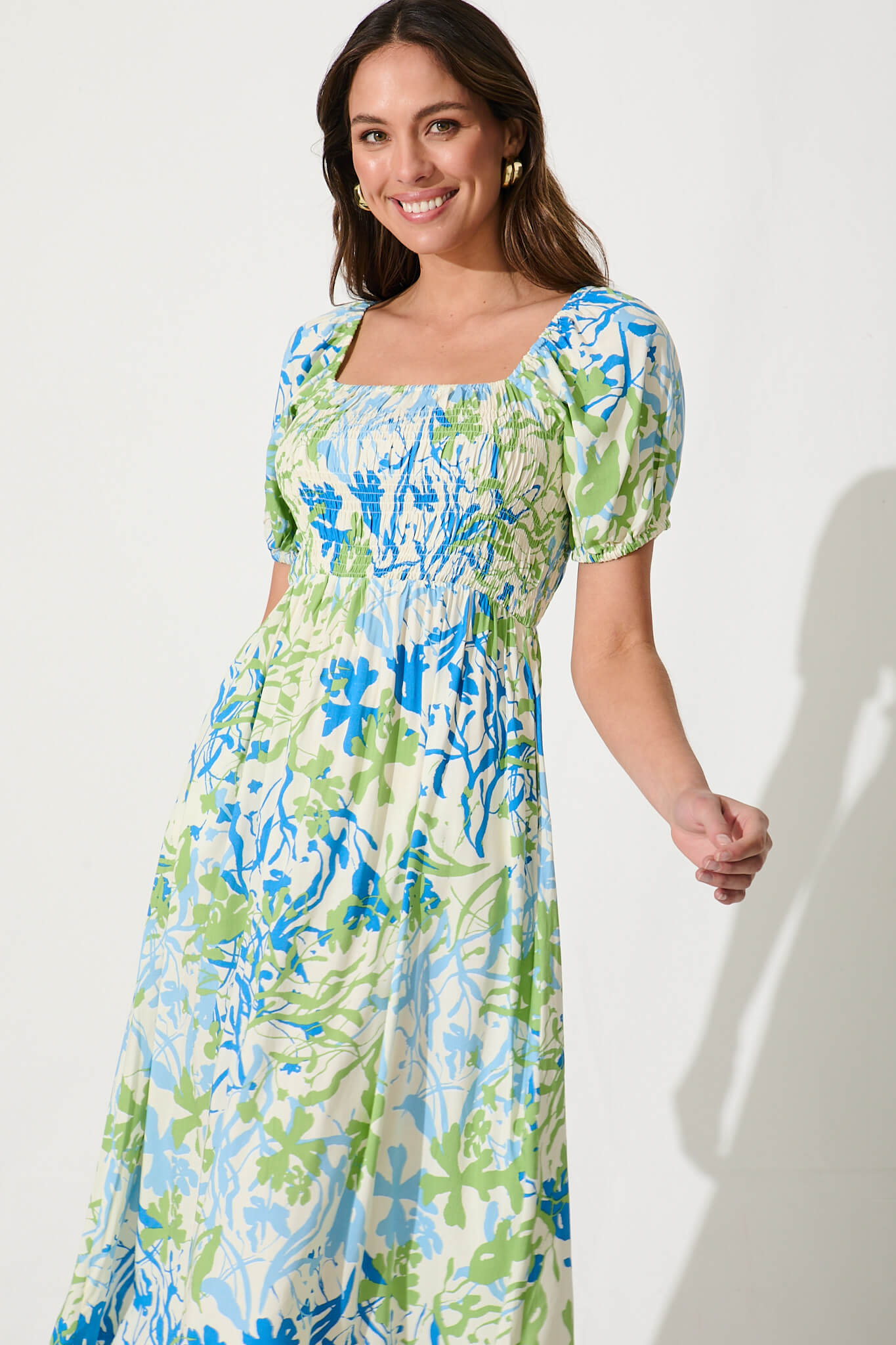 Perry Midi Dress In Blue With Green Print