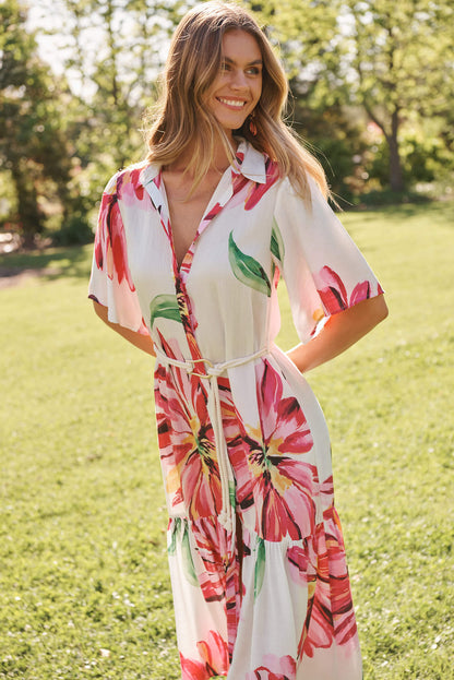 Cera Maxi Shirt Dress In White With Pink Floral