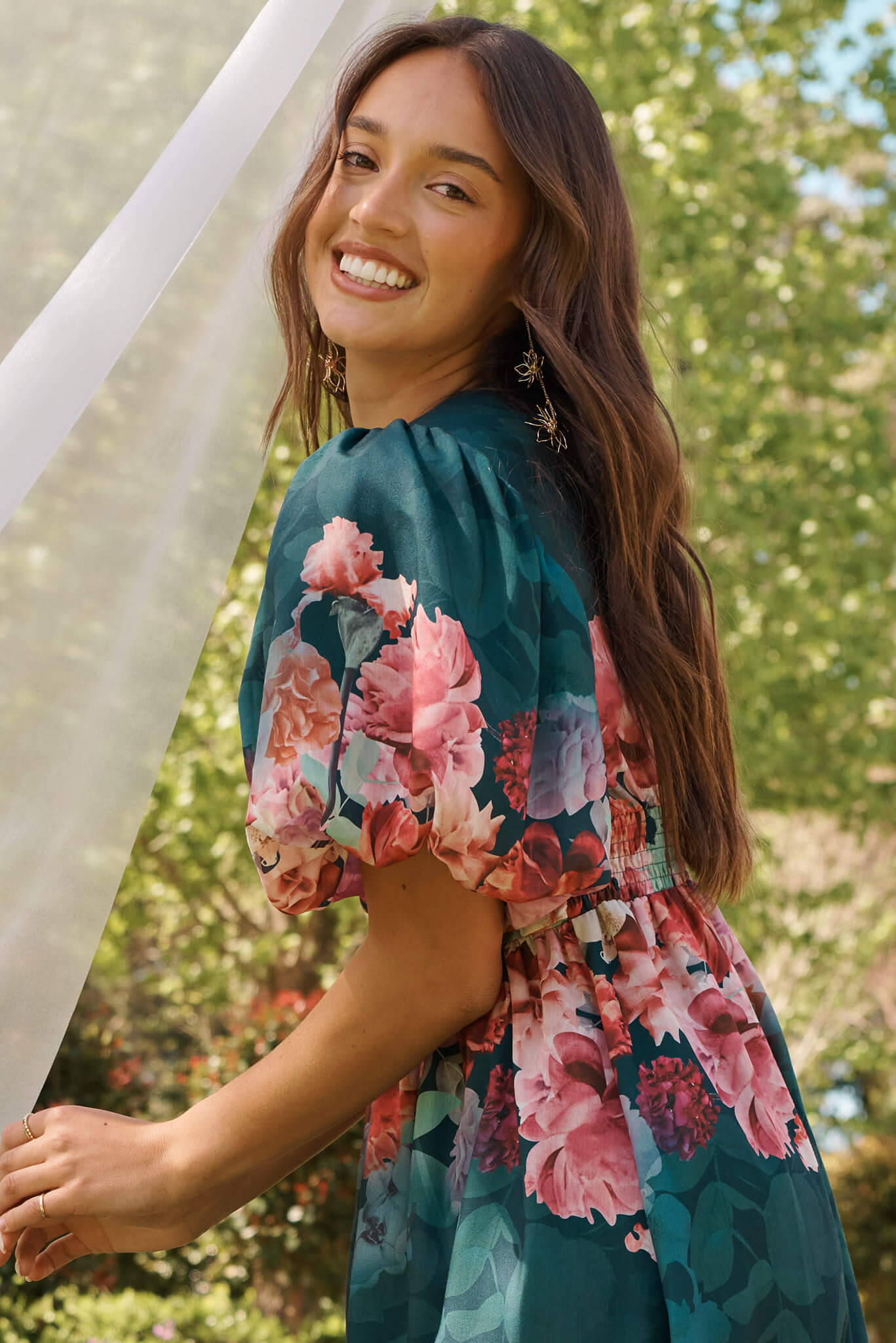 Divine Maxi Dress In Emerald With Pink Multi Floral Print