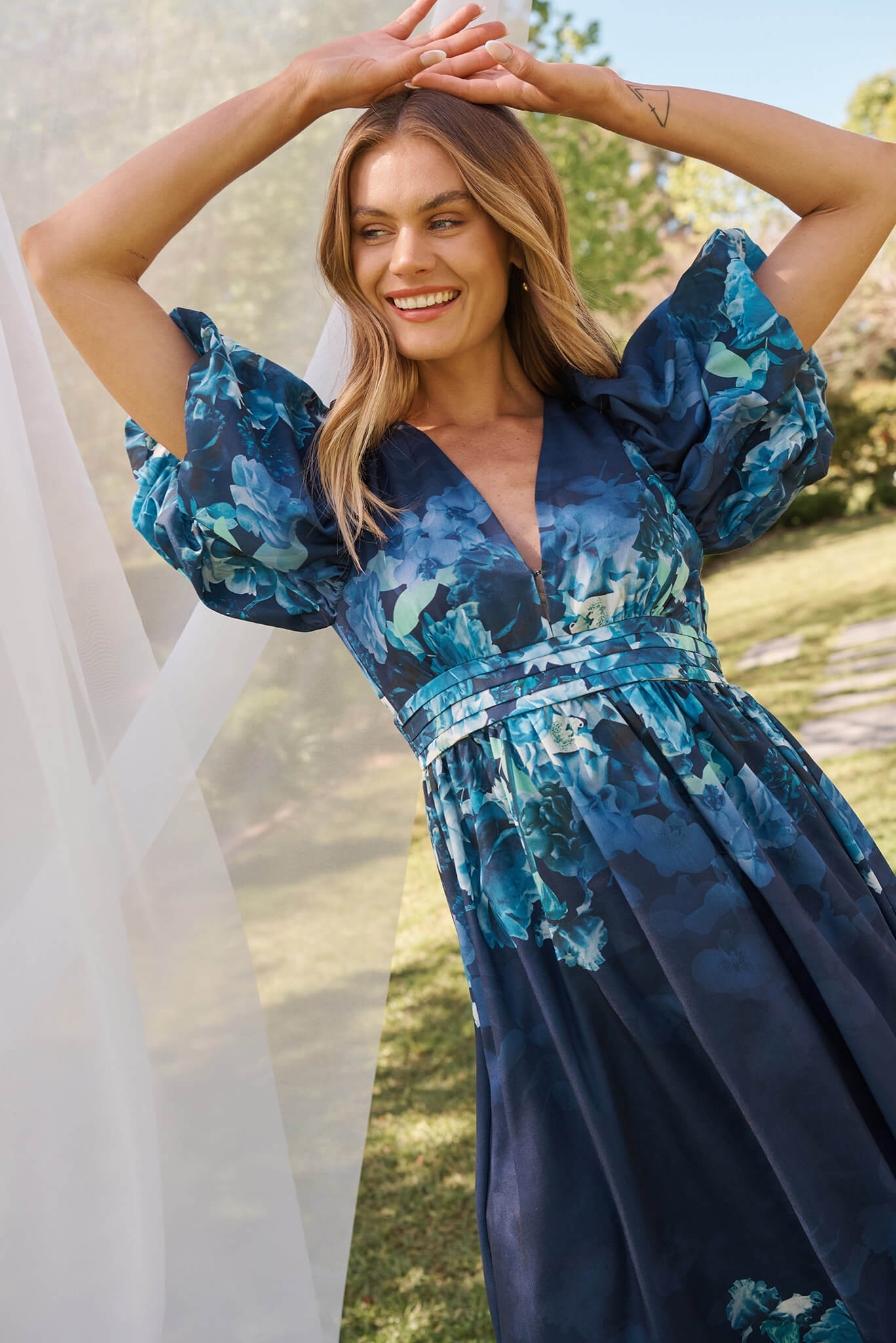 Divine Maxi Dress In Navy With Sage Multi Floral Print