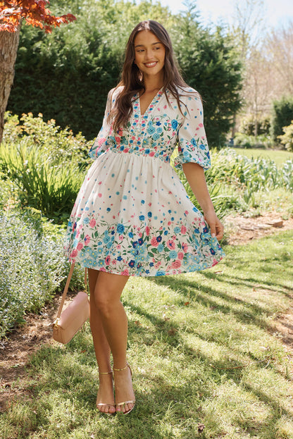 Sausalito Dress In White With Pink And Blue Floral