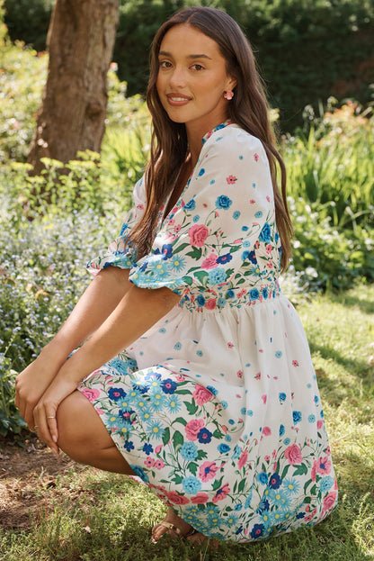 Sausalito Dress In White With Pink And Blue Floral